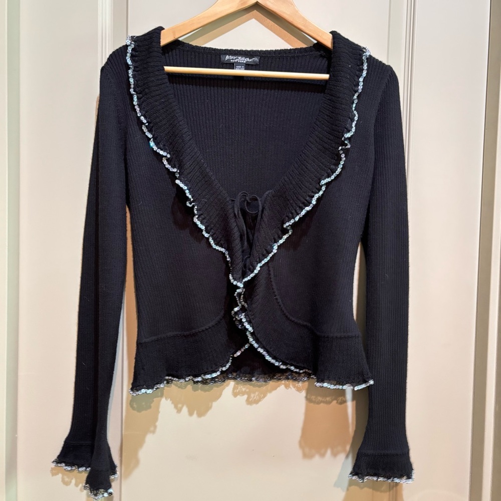 Vintage Betsey Johnson Black Large Y2K Sequin Cardigan Sweater Whimsigoth Fairy